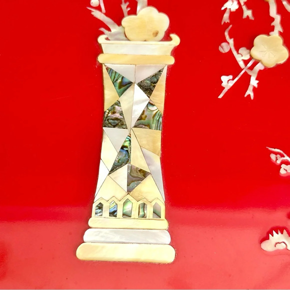 Vintage Lacquered Red Box Mother of Pearl Abalone Inlay Asian Box Stationary Box - Picture 4 of 16